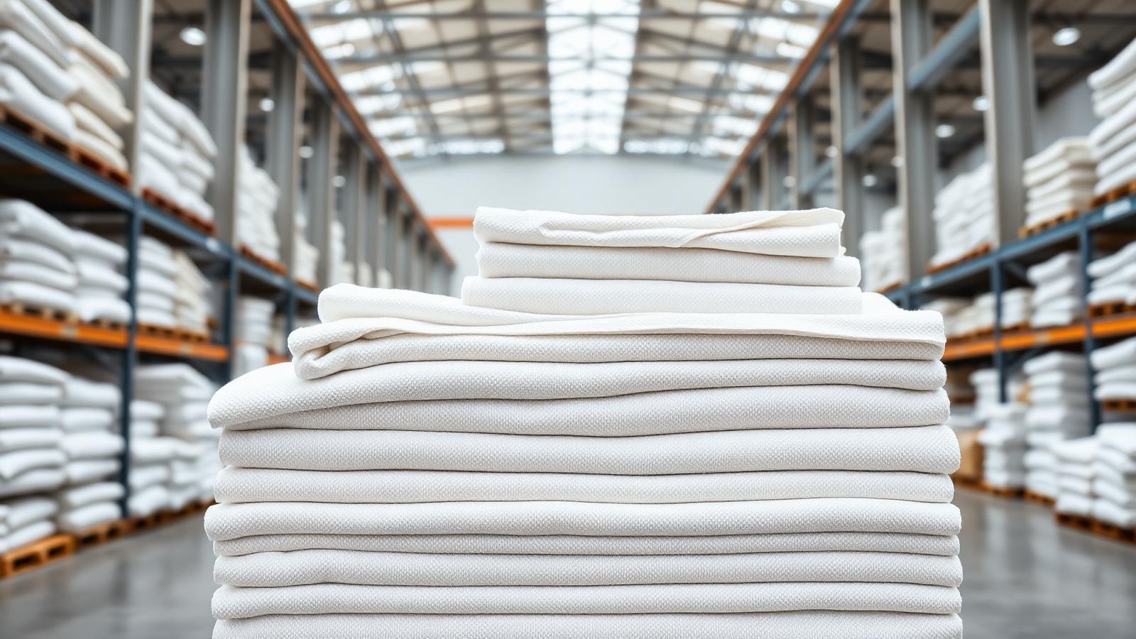 Folded commercial linen stacked in a supply warehouse